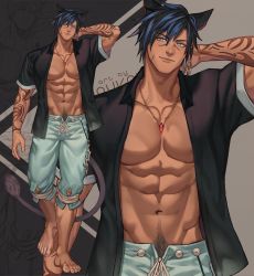 Rule 34 | 1boy, abs, animal ears, arm behind head, arm tattoo, artist name, warrior of light (ff14), bare pectorals, barefoot, black shirt, blue eyes, blue hair, chain, chain necklace, character request, closed mouth, collarbone, commentary, commission, dark-skinned male, dark skin, drawstring, earrings, english commentary, facial mark, feet, final fantasy, final fantasy xiv, full body, gem, grey background, groin, hair between eyes, highres, jewelry, jouvru, looking at viewer, male focus, muscular, navel, necklace, open clothes, open shirt, pectorals, pubic hair, shirt, short sleeves, smile, solo, standing, stomach, symbol-only commentary, tail, tattoo, thick eyebrows, toned, zoom layer