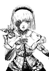 Rule 34 | 1girl, alice margatroid, artificial eye, bad id, bad pixiv id, blood, bloody tears, capelet, commentary, cowboy shot, damaged, dress, expressionless, greyscale, hairband, hand on own chest, joints, lance, lips, lolita hairband, looking at viewer, mechanical arms, mechanical eye, mechanical parts, monochrome, ougibro (spookybro), polearm, robot, robot joints, shanghai doll, short hair, simple background, single mechanical arm, sketch, solo, touhou, weapon, white background