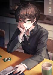 Rule 34 | 1boy, absurdres, book, brown hair, commission, cup, desk, green eyes, hakusyokuto, highres, holding, holding book, hyouka, kamiyama high school uniform (hyouka), long sleeves, looking at viewer, male focus, mug, oreki houtarou, school desk, school uniform, short hair, sitting, skeb commission, solo, teapot