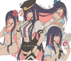 Rule 34 | 1girl, :q, artist name, bare shoulders, bikini, black bow, black bowtie, black hair, black headwear, black nails, black shorts, blue nails, blue sailor collar, blush, bow, bowtie, breasts, choker, closed mouth, collarbone, cowboy shot, criis-chan, cropped legs, detached sleeves, frilled choker, frills, green bow, hair bow, long hair, medium breasts, multiple views, nail polish, navel, necktie, panty &amp; stocking with garterbelt, pink choker, pink hair, puffy short sleeves, puffy sleeves, purple necktie, sailor collar, shirt, short sleeves, shorts, simple background, small breasts, stocking (psg), stomach, swimsuit, tongue, tongue out, upper body, white background, white shirt