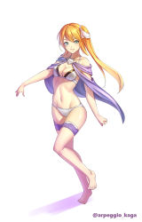 Rule 34 | &gt;:), barefoot, bikini, blonde hair, breasts, cape, character request, copyright request, full body, green eyes, highres, kagaa (user vjrx4323), long hair, medium breasts, navel, short hair with long locks, side ponytail, smile, solo, standing, swimsuit, v-shaped eyebrows, very long hair, white bikini