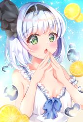 Rule 34 | 1girl, absurdres, bad id, bad pixiv id, bare shoulders, black hairband, blue background, blue bow, blush, bow, breasts, bubble, dress, eyes visible through hair, food, fruit, gradient background, green eyes, hair between eyes, hairband, hands up, highres, konpaku youmu, lemon, looking at viewer, medium breasts, multicolored background, open mouth, own hands together, shirotsuki shirone, short hair, silver hair, sleeveless, solo, touhou, white dress, yellow background