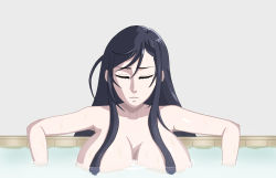 Rule 34 | 1girl, bare shoulders, bath, black hair, breasts, brunhilde (shuumatsu no valkyrie), closed eyes, floating breasts, hair over breasts, highres, large breasts, long hair, nude, partially submerged, shuumatsu no valkyrie, solo, water