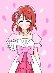 Rule 34 | 1girl, artist name, artist request, blush, bow, braid, braided bun, breasts, bride, cleavage, collarbone, dream with you (love live!), dress, dress bow, earrings, closed eyes, female focus, flower, frilled dress, frills, gloves, green eyes, hair bun, jewelry, katosan, looking at viewer, love live!, love live! nijigasaki high school idol club, love live! school idol festival, necklace, orange hair, parted lips, pearl earrings, pearl necklace, petals, pink background, pink bow, pink flower, pink petals, pink skirt, pink wrist cuffs, puffy short sleeves, puffy sleeves, red hair, short hair, short sleeves, side bun, single hair bun, skirt, small breasts, smile, solo, uehara ayumu, wedding, wedding dress, white dress, white gloves, white petals, white skirt, wrist cuffs, yellow eyes