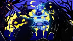 Rule 34 | 1boy, 2girls, animal hood, artist request, bat (animal), blue fire, boogiemon, broom, broom riding, cat hood, crescent moon, demon, digimon, digimon (creature), familiar bat (digimon), fence, fire, ghost, ghostmon, glowing, glowing eyes, glowing mouth, graveyard, hat, holding, holding pitchfork, hood, jack-o&#039;-lantern head, looking at viewer, moon, multiple girls, night, official art, pitchfork, pumpmon, sistermon noir, tombstone, waving, witch, witch hat, witchmon