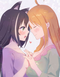 Rule 34 | 2girls, absurdres, ahoge, animal ear fluff, animal ears, black hair, blush, breasts, brown hair, cat ears, cleavage, closed mouth, commentary request, facing another, fang, from side, green eyes, green shirt, gucchiann, heart, highres, holding hands, interlocked fingers, karyl (princess connect!), large breasts, long hair, looking at another, multicolored hair, multiple girls, open mouth, pecorine (princess connect!), princess connect!, profile, purple shirt, shirt, smile, streaked hair, white hair, yuri