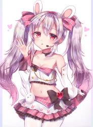 Rule 34 | 1girl, absurdres, animal ears, azur lane, baozi, bare shoulders, blush, bow, breasts, detached sleeves, fake animal ears, food, hair between eyes, hair bow, hairband, hand up, headset, heart, highres, himeno ame, idol, jacket, laffey (azur lane), laffey (bunny idol @unmotivated) (azur lane), leggings, long hair, long sleeves, looking at viewer, microphone, midriff, navel, open mouth, pink jacket, pink skirt, plaid, plaid skirt, pleated skirt, rabbit ears, red eyes, ribbon, simple background, skirt, solo, twintails, waving, white hair, white leggings