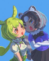Rule 34 | 2girls, :3, absurdres, animal ear fluff, animal ears, blue eyes, blush, bow, bowtie, breasts, commentary, common raccoon (kemono friends), crossed arms, eye contact, fur collar, green hair, green suspenders, grey hair, highres, kemono friends, long sleeves, looking at another, medium breasts, multiple girls, open mouth, osnmykk, pantyhose, pleated skirt, puffy short sleeves, puffy sleeves, purple shirt, raccoon ears, raccoon girl, raccoon tail, red eyes, shaded face, shirt, short sleeves, sidelocks, skirt, sweat, tail, trait connection, v-shaped eyebrows, voicevox, white shirt, zundamon