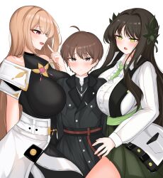Rule 34 | 1boy, 2girls, absurdres, ahoge, between breasts, black shirt, black survival, blonde hair, blush, breasts, brown hair, coat, cowboy shot, eternal return: black survival, eva (black survival), geah, green eyes, grey eyes, gweon sua, hair ornament, highres, huge breasts, impossible clothes, impossible shirt, isol (black survival), leaf hair ornament, long hair, multiple girls, official alternate costume, open mouth, pink eyes, shirt, short hair, simple background, trench coat, very long hair, white background