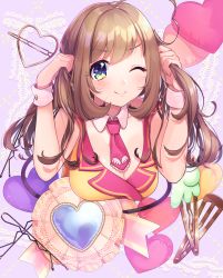 Rule 34 | 1girl, alternate hairstyle, bbbannooo, blush, breasts, cleavage, closed mouth, hair ornament, hairclip, heart, idolmaster, idolmaster cinderella girls, large breasts, long hair, looking at viewer, necktie, one eye closed, pink necktie, sato shin, smile, solo, wrist cuffs