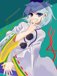 Rule 34 | 1girl, :3, blue eyes, cunnilingus gesture, green background, hat, japanese clothes, kariginu, layered clothes, looking at viewer, mononobe no futo, oishiinori 1248, pom pom (clothes), ponytail, ribbon, ribbon-trimmed sleeves, ribbon trim, silver hair, touhou, v, v over mouth