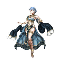 Rule 34 | 1girl, absurdres, armlet, bare shoulders, blue hair, book, bracelet, braid, breasts, brown eyes, commentary, crown braid, dancer, dancer (fire emblem: three houses), dress, earrings, english commentary, feet, female focus, fire emblem, fire emblem: three houses, fire emblem heroes, full body, highres, holding, holding book, jewelry, kusakihara toshiyuki, looking at viewer, marianne von edmund, medium breasts, nintendo, official alternate costume, official art, parted lips, pelvic curtain, short hair, sideboob, simple background, single-shoulder dress, smile, solo, thighlet, thighs, toeless legwear, toes, white background