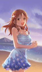 Rule 34 | 1girl, :d, alternate costume, alternate hairstyle, beach, blue dress, blue sky, breasts, brown eyes, brown hair, cloud, cloudy sky, collarbone, day, dress, own hands clasped, idolmaster, idolmaster cinderella girls, large breasts, looking at viewer, medium hair, mountain, ocean, open mouth, outdoors, own hands together, sky, smile, solo, starfish hair ornament, totoki airi, wm (chawoo1357)