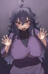 Rule 34 | 1girl, ahoge, breasts, creatures (company), dress, game freak, hair between eyes, hex maniac (pokemon), highres, huge breasts, long hair, looking at viewer, nintendo, open mouth, paw pose, pokemon, pokemon xy, purple dress, purple eyes, purple hair, purple nails, simple background, solo, standing, yzr (yzr99)