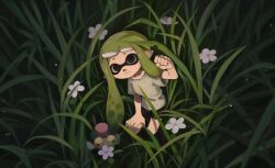 Rule 34 | 1girl, black eyes, black shorts, blunt bangs, clenched hand, closed mouth, commentary request, creature, domino mask, empty eyes, expressionless, flower, grass, green hair, grey shirt, hand on own knee, hand up, highres, inkling, inkling girl, inkling player character, leaning forward, liang cun rakuna, looking at viewer, mask, nintendo, pointy ears, shirt, short eyebrows, short hair with long locks, short shorts, short sleeves, shorts, smallfry (splatoon), solo, splatoon (series), standing, t-shirt, tall grass, tentacle hair, white flower