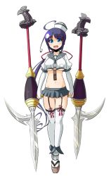 Rule 34 | 1girl, :d, ahoge, blue eyes, blue hair, dual wielding, full body, hat, holding, long hair, low ponytail, midriff, miniskirt, navel, official art, open mouth, oshiro project:re, oshiro project:re, pleated skirt, polearm, shachihoko, skirt, smile, solo, spear, sw, takamatsu (oshiro project), thighhighs, transparent background, very long hair, weapon