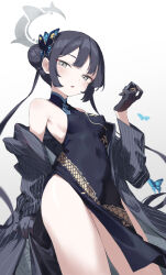 Rule 34 | 1girl, absurdres, bare shoulders, black dress, black gloves, black hair, black jacket, blue archive, blush, breasts, butterfly hair ornament, china dress, chinese clothes, covered erect nipples, covered navel, double bun, dress, gloves, grey eyes, hair bun, hair ornament, halo, highres, jacket, kisaki (blue archive), long hair, long sleeves, looking at viewer, no panties, off shoulder, pinstripe jacket, pinstripe pattern, sleeveless, small breasts, solo, striped, thighs, timo wei95, twintails
