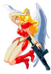 Rule 34 | 1girl, absurdres, ares no tsubasa, armor, blonde hair, blue eyes, breasts, capcom, closed mouth, feathered wings, gun, highres, long hair, michelle heart, navel, red footwear, shoulder armor, simple background, solo, weapon, white background, wings, wristband, yasuda akira