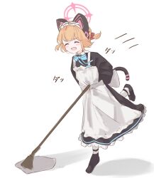 Rule 34 | 1girl, blue archive, cleaning, full body, highres, japanese text, momoi (blue archive), momoi (maid) (blue archive), osorii, simple background, solo, standing, standing on one leg, white background
