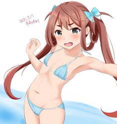 Rule 34 | 1girl, ame-san, asagumo (kancolle), bikini, black eyes, blue bikini, breasts, brown hair, commentary request, cowboy shot, dated, hair ribbon, highres, kantai collection, long hair, looking at viewer, one-hour drawing challenge, open mouth, ribbon, selfie, simple background, small breasts, solo, swimsuit, twintails, twitter username, white background