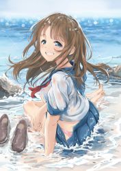 Rule 34 | 1girl, barefoot, blue eyes, blue sailor collar, blue skirt, brown footwear, brown hair, day, feet, floating hair, grin, highres, loafers, long hair, miniskirt, neckerchief, open clothes, open skirt, original, outdoors, panties, pink panties, pleated skirt, red neckerchief, sailor collar, shirt, shoes, short sleeves, sitting, skirt, smile, soles, solo, timo wei95, underwear, wet, wet clothes, wet panties, wet shirt, wet skirt, white shirt