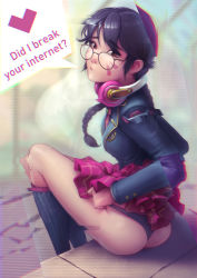 Rule 34 | 1girl, academy d.va, adjusting clothes, adjusting panties, alternate hair color, alternate hairstyle, ass, bespectacled, black hair, blazer, breasts, brown eyes, clothes lift, commentary, d.va (overwatch), distortion, english commentary, english text, facial mark, from behind, glasses, glitch, headphones, headphones around neck, highres, jacket, kneehighs, krakenkatz, lifting own clothes, long braid, looking back, medium breasts, miniskirt, overwatch, overwatch 1, panties, pantyshot, pink neckwear, pink skirt, round eyewear, sitting, skirt, skirt lift, socks, solo, speech bubble, underwear, wedgie, whisker markings