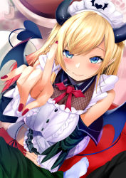 Rule 34 | 1boy, 1girl, alternate costume, bare shoulders, blonde hair, blue eyes, blush, bow, bowtie, breasts, cleavage, corset, demon girl, demon horns, demon tail, demon wings, dress, fishnets, frills, fumihiko (fu mihi ko), garter straps, gradient hair, hand up, highres, hololive, horn ornament, horns, large breasts, long hair, looking at viewer, maid headdress, multicolored hair, off shoulder, pointy ears, pov, red hair, see-through, see-through cleavage, sitting, sleeveless, smile, solo focus, tail, thighhighs, twintails, virtual youtuber, white thighhighs, wings, yuzuki choco, yuzuki choco (maid)