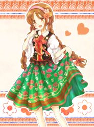 Rule 34 | 1girl, :d, bad id, bad pixiv id, blush, braid, brown hair, floral print, flower, hair flower, hair ornament, hairband, heart, highres, keiko., long hair, open mouth, original, puffy sleeves, ribbon, skirt, skirt hold, smile, solo, twin braids, twintails, vest, yellow eyes