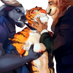 Rule 34 | 3boys, chief bogo, drooling, furry, furry male, groping, licking lips, male focus, mayor lionheart, multiple boys, mushi shita, necktie, nipples, pectorals, saliva, tiger dancer (zootopia), tongue, tongue out, undressing, yaoi, zootopia