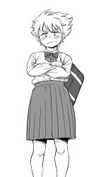 Rule 34 | 1girl, absurdres, bag, blush, bow, bowtie, breast press, buttons, crossed arms, frown, greyscale, highres, long sleeves, meshishima george, monochrome, original, pleated skirt, school bag, shirt tucked in, short hair, skirt, solo, standing, thick eyebrows, tomboy, v-shaped eyebrows
