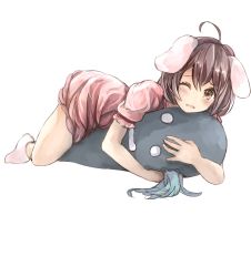Rule 34 | 1girl, ahoge, animal ears, bad id, bad pixiv id, bare arms, bare legs, brown eyes, brown hair, commentary request, dress, full body, highres, inaba tewi, looking at viewer, lying, on stomach, one eye closed, pink dress, puffy short sleeves, puffy sleeves, rabbit ears, shimada sarasara, short dress, short hair, short sleeves, simple background, socks, solo, tears, touhou, transparent background, white background, white socks