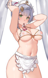 Rule 34 | 1girl, absurdres, apron, arm behind head, armpits, arms up, bikini, bikini top only, blunt bangs, braid, breasts, covered erect nipples, cowboy shot, front-tie bikini top, front-tie top, genshin impact, green eyes, hair ornament, hair tie in mouth, highres, holding, holding hair, large breasts, looking at viewer, maid headdress, mouth hold, navel, noelle (genshin impact), see-through, silver hair, solo, standing, stomach, swimsuit, tying hair, vierzeck, waist apron, white apron