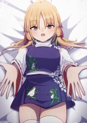 Rule 34 | absurdres, animal print, blonde hair, blush, breasts, darumoon, frog print, highres, looking at viewer, medium breasts, moriya suwako, on bed, open mouth, shiny skin, thighhighs, thighs, touhou, white thighhighs