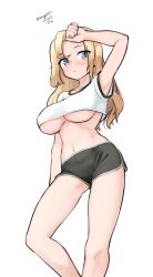 Rule 34 | 1girl, absurdres, alternate costume, arm up, black shorts, blonde hair, blush, breasts, closed mouth, dated, dot mouth, feet out of frame, grey eyes, highres, hornet (kancolle), kantai collection, large breasts, looking at viewer, maru (marg0613), midriff, navel, one-hour drawing challenge, shirt, short shorts, short sleeves, shorts, simple background, solo, twitter username, underboob, white shirt