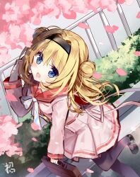 Rule 34 | 1girl, :d, black footwear, black hairband, black thighhighs, blonde hair, blue eyes, blush, breasts, cherry blossoms, chinese commentary, chitose sana, commentary request, double bun, eyelashes, falling petals, fence, hair between eyes, hair bun, hair intakes, hairband, head tilt, highres, long hair, long sleeves, looking at flowers, looking up, mary janes, open mouth, outdoors, partial commentary, path, petals, pink shirt, pink skirt, pleated skirt, red sailor collar, ribbon, road, sailor collar, school uniform, shirt, shoes, sidelocks, signature, skirt, small breasts, smile, solo, standing, standing on one leg, tenshinranman, thighhighs, walking, white ribbon, zhao (pixiv12947327)