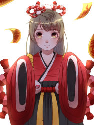 Rule 34 | 1girl, absurdres, brown eyes, brown hair, chinese clothes, cosplay, hair ornament, highres, kinora, long hair, looking at viewer, love live!, love live! school idol project, minami kotori, ofuda, onmyoji, smile, solo, tiaotiaomeimei, tiaotiaomeimei (cosplay), upper body, white background