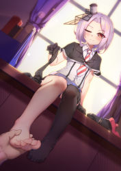 Rule 34 | 1girl, absurdres, asymmetrical legwear, bad id, bad pixiv id, barefoot, black thighhighs, blouse, blush, brown eyes, collared shirt, day, desk, diagonal-striped clothes, diagonal-striped necktie, feet, foot focus, foreshortening, hair ornament, hands on feet, highres, holding another&#039;s foot, indoors, light purple hair, looking at viewer, necktie, one eye closed, parted bangs, pov, shirt, shoes, single thighhigh, sitting, smile, soles, solo focus, striped clothes, thighhighs, toes, uneven legwear, unworn shoes, unworn socks, vittorio veneto (warship girls r), warship girls r, white shirt, wink