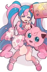 Rule 34 | 1girl, blue hair, creatures (company), fairy miku (project voltage), game freak, gen 1 pokemon, hatsune miku, highres, jigglypuff, multicolored hair, nintendo, pink hair, pokemon, project voltage, simple background, twintails, two-tone hair, uminokaisen, vocaloid, white background