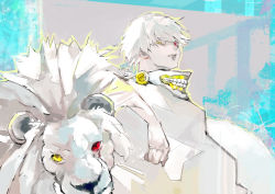 Rule 34 | 1boy, absurdres, albino, animal, blue background, closed mouth, grey background, highres, kaneki ken, kyuuba melo, leaning back, lion, looking at viewer, red eyes, shirt, short hair, tokyo ghoul, upper body, yellow eyes
