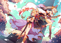 Rule 34 | 2girls, alternate costume, alternate hairstyle, armlet, boots, bracelet, brown hair, cape, detached sleeves, flower, hair flower, hair ornament, hat, high heel boots, high heels, jewelry, long hair, looking at viewer, mononobe no futo, multiple girls, obi, petals, pointy hair, ritual baton, sash, short hair, silver hair, smile, tate eboshi, touhou, toyosatomimi no miko, twintails, yetworldview kaze