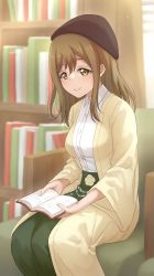 Rule 34 | 1girl, artist name, artist request, beanie, black hat, blouse, blush, book, bookshelf, breasts, brown eyes, brown hair, buttons, collared shirt, female focus, green skirt, hair between eyes, hat, highres, holding, holding book, indoors, jacket, kunikida hanamaru, light brown hair, long hair, long sleeves, looking at viewer, love live!, love live! sunshine!!, medium breasts, miniskirt, nail, nail polish, parted lips, pink nails, plaid, plaid skirt, pleated, pleated skirt, shirt, skirt, smile, solo, white shirt, wide sleeves, wing collar, yellow eyes, yellow jacket