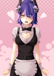 Rule 34 | 10s, 1girl, :o, alternate costume, apron, bad id, bad pixiv id, blush, breasts, cleavage, cleavage cutout, clothing cutout, dress, enmaided, eyepatch, headgear, heart, heart cutout, highres, kantai collection, large breasts, looking at viewer, maid, maid apron, miura kazuki, purple hair, short hair, solo, tenryuu (kancolle), wrist cuffs, yellow eyes