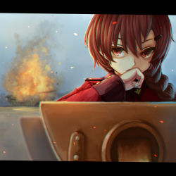 Rule 34 | 1girl, braid, braided ponytail, brown eyes, brown hair, commentary request, embers, fire, girls und panzer, grey sky, hair ornament, hair over shoulder, hairclip, highres, jacket, letterboxed, long hair, long sleeves, looking at viewer, military, military uniform, military vehicle, motor vehicle, outdoors, red jacket, rukuriri (girls und panzer), single braid, sky, solo, st. gloriana&#039;s military uniform, sweat, tacch, tank, tank cupola, uniform, wiping mouth