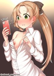 Rule 34 | 1girl, akigumo (kancolle), black ribbon, blush, breasts, brown hair, cellphone, collared shirt, green eyes, hair ribbon, highres, holding, holding phone, kantai collection, large areolae, long hair, long sleeves, misumi amagumo, mole, mole under eye, phone, ponytail, ribbon, shirt, small breasts, smartphone, solo, upper body, white shirt