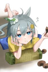 Rule 34 | 1girl, animal ears, barefoot, blue eyes, closed mouth, commentary request, cracker, earrings, food, food on face, grey hair, hair ornament, hairclip, head rest, highres, holding, holding food, horse ears, horse girl, horse tail, jewelry, legs up, lying, on side, seiun sky (umamusume), senbei, shirt, simple background, single bare shoulder, single earring, squeans, small-wso6-bell, solo, tail, umamusume, white background, yellow shirt