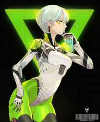 Rule 34 | 1girl, android, bamuth, barcode, black background, black thighhighs, breasts, colored skin, cowboy shot, cup, disposable cup, drink, drinking, drinking straw, drinking straw in mouth, earrings, glowing, green skin, green theme, hand up, highres, holding, holding cup, jewelry, joints, leaning forward, leotard, looking at viewer, mouth hold, multicolored skin, navel, original, robot joints, short hair, sideways glance, silver hair, solo, thighhighs, transparent, triangle, yellow eyes