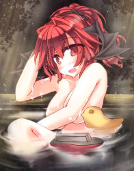 Rule 34 | 1girl, absurdres, bat wings, bathing, breasts, convenient censoring, covering privates, covering breasts, fang, female focus, folded hair, hand on own head, head wings, highres, koakuma, large breasts, looking at viewer, mumumu, night, night sky, nude, onsen, open mouth, outdoors, partially submerged, red eyes, red hair, rubber duck, sitting, sky, solo, steam, tareme, touhou, toy ship, wings