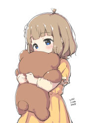 Rule 34 | ahoge, blue eyes, blunt bangs, blush, brown hair, character name, covering own mouth, dated, dress, eyelashes, flower, hair flower, hair ornament, hugging doll, hugging object, idolmaster, idolmaster million live!, idolmaster million live! theater days, kuresuku (lessons), long sleeves, medium hair, shy, simple background, stuffed animal, stuffed toy, suou momoko, teddy bear, upper body, wavy hair, white background, yellow dress