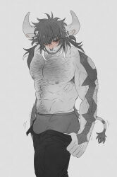 Rule 34 | 1boy, abs, animal ears, arm hair, armpit hair, artist request, bara, beard, blush, body hair, bulge, bulge lift, chest hair, cow boy, cow ears, cow horns, cow tail, dressing, facial hair, feet out of frame, from side, hair over one eye, hairy, highres, horns, i&#039;ve never seen a guy recreate this successfully tbh (meme), large pectorals, looking at viewer, male focus, mature male, meme, muscular, muscular male, navel hair, nipples, open pants, original, pants, pants lift, pectorals, short hair, solo, spot color, stomach, stubble, sweatdrop, tail, topless male, undersized clothes