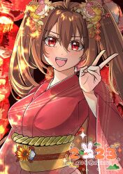 Rule 34 | 1girl, ahoge, breasts, brown hair, eiyuu densetsu, estelle bright, hair between eyes, hair ornament, highres, japanese clothes, kimono, large breasts, looking at viewer, red eyes, smile, solo, sora no kiseki, twintails, upper body, v, zer00han
